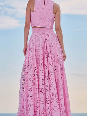 Floral Cutout Sleeveless Top And A-line Skirt Two-piece Vacation Set