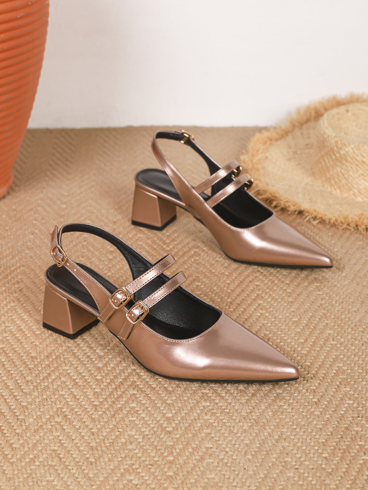 Metal Buckle Pointed Toe Open Back Chunky Heel Mary Jane Shoes