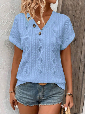V-neck Button-down Loose Short-sleeved T-shirt