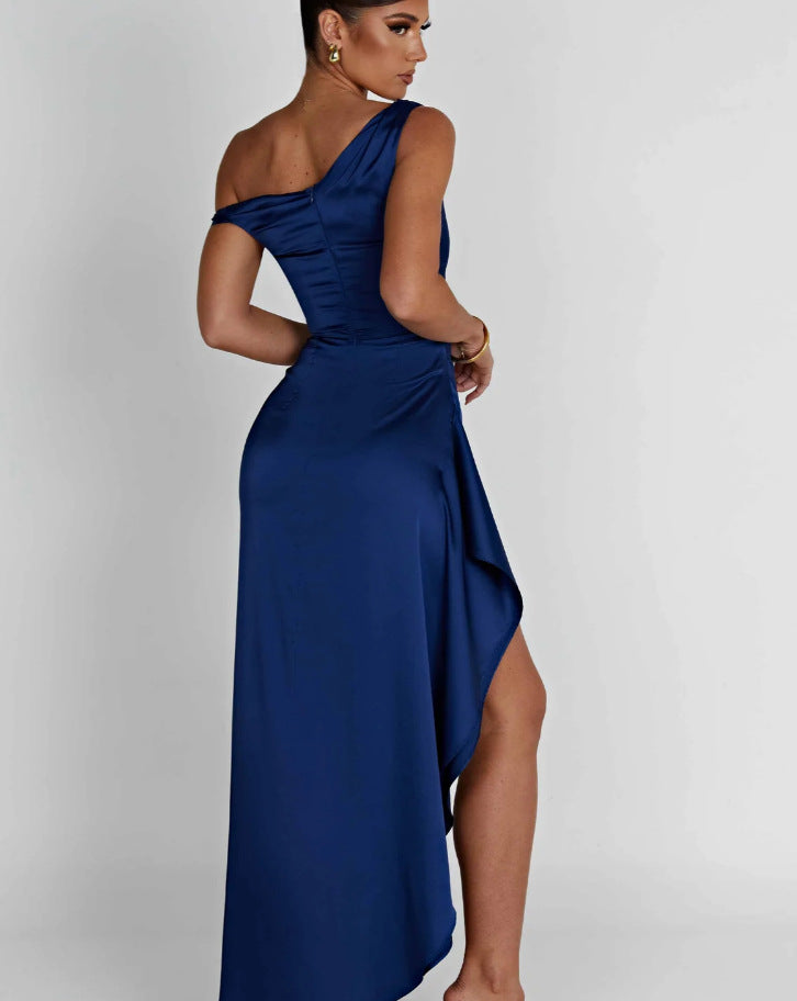 Asymmetrical Satin Shoulder Design With A Cinched Waist Solid Color Maxi Dresses