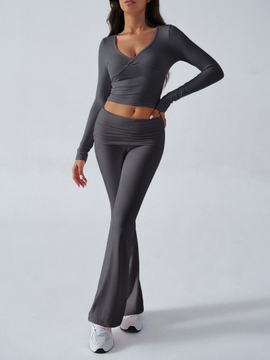 V-neck Long Sleeve Pants Pleated Navel Solid Color 2-piece Sets