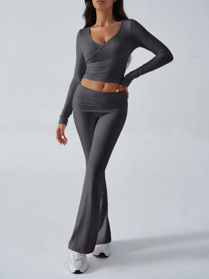 V-neck Long Sleeve Pants Pleated Navel Solid Color 2-piece Sets