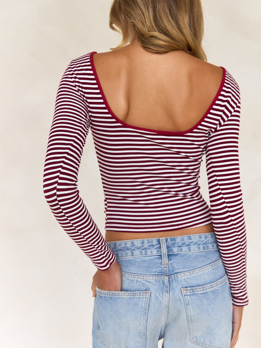 Simplicity Contrasting Colors Stripes Backless Long Sleeve T-shirts