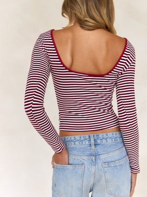 Simplicity Contrasting Colors Stripes Backless Long Sleeve T-shirts