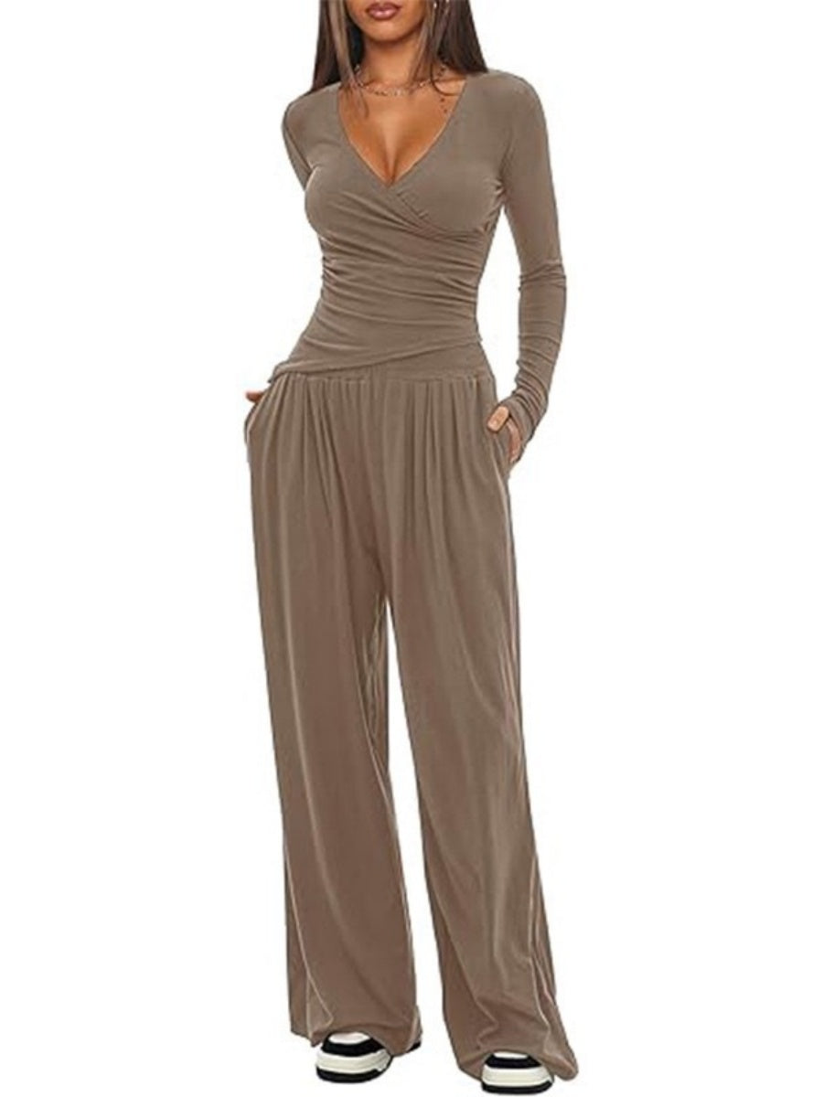 Long Sleeve V-neck T-shirt Loose-fit Wide-leg Pants Leisure 2-piece Sets