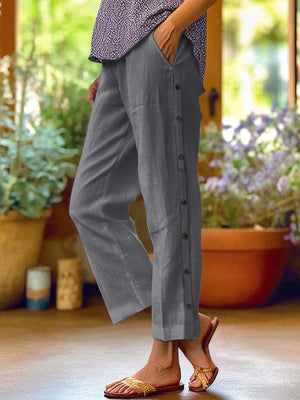 Breathable Cotton And Linen Cropped Trousers With Decorative Side Seams, Side Pockets, And A High Waist.