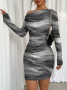 Pleated Slim-fit Hip-hugging Slant Collar Printed Mini&Short Dresses