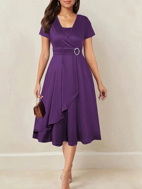 Grace Asymmetrical Knitting Large Skirt V-neck Midi Dresses