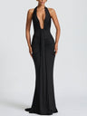 Halter Neck Deep V-neck Fitted Waist Long Dress Sexy Backless Ribbon Fishtail Long Dress