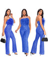 Sleeveless Backless Sequined Feather Flared Leg Jumpsuit
