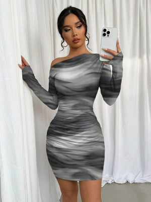 Pleated Slim-fit Hip-hugging Slant Collar Printed Mini&Short Dresses