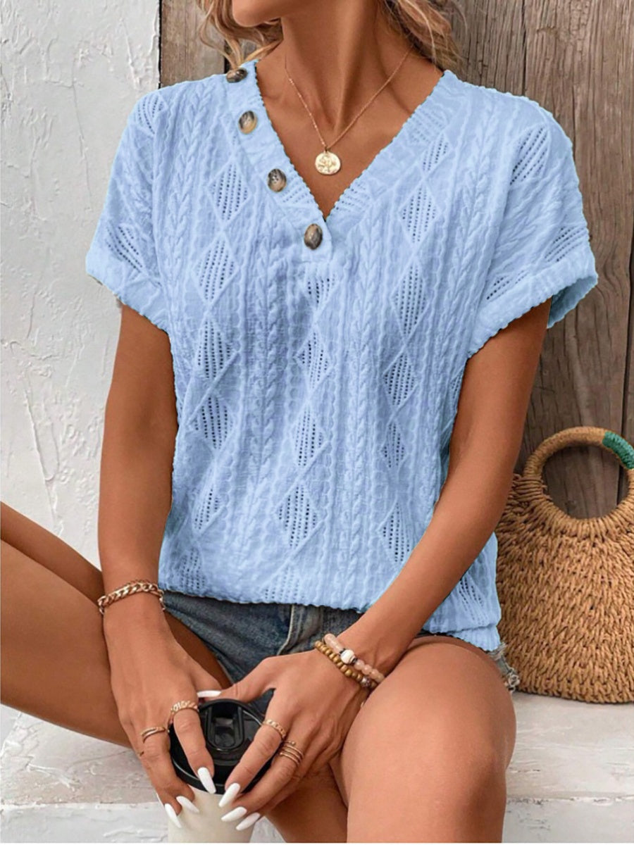 V-neck Button-down Loose Short-sleeved T-shirt