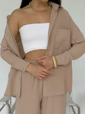 Solid Color Cardigan With Pockets, Casual Wide-leg Trousers 2-piece Sets