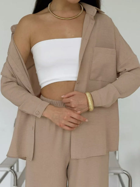 Solid Color Cardigan With Pockets, Casual Wide-leg Trousers 2-piece Sets