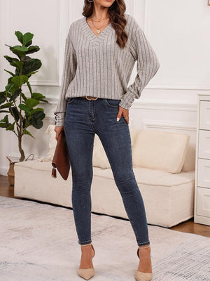 Long Sleeve V Collar Buttons Solid Color T-shirts