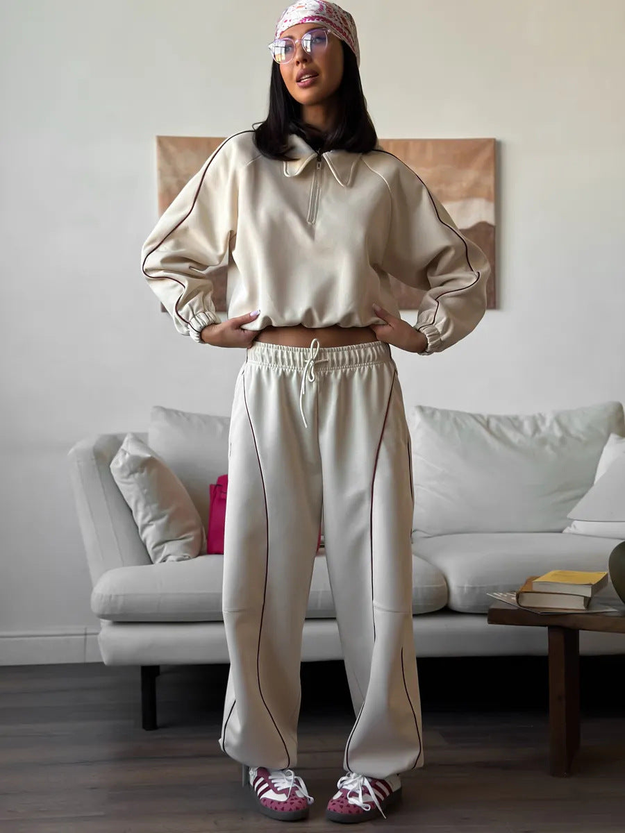 American Retro Color-blocked Striped Tracksuit For Women Two-piece Set: Collared Half-zip Sweatshirt And High-waisted Wide-leg Sweatpants