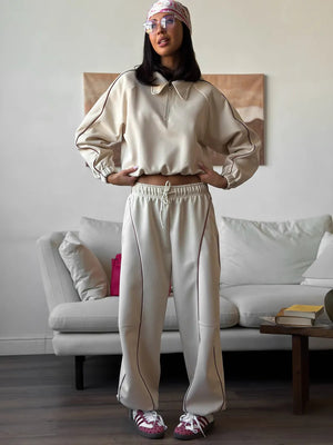 American Retro Color-blocked Striped Tracksuit For Women Two-piece Set: Collared Half-zip Sweatshirt And High-waisted Wide-leg Sweatpants