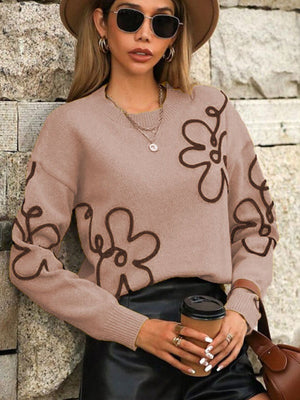 3D Effect Flower pattern Crew Neck Sweaters