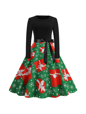 Christmas Crew Neck Splicing Long Sleeve Midi Dresses