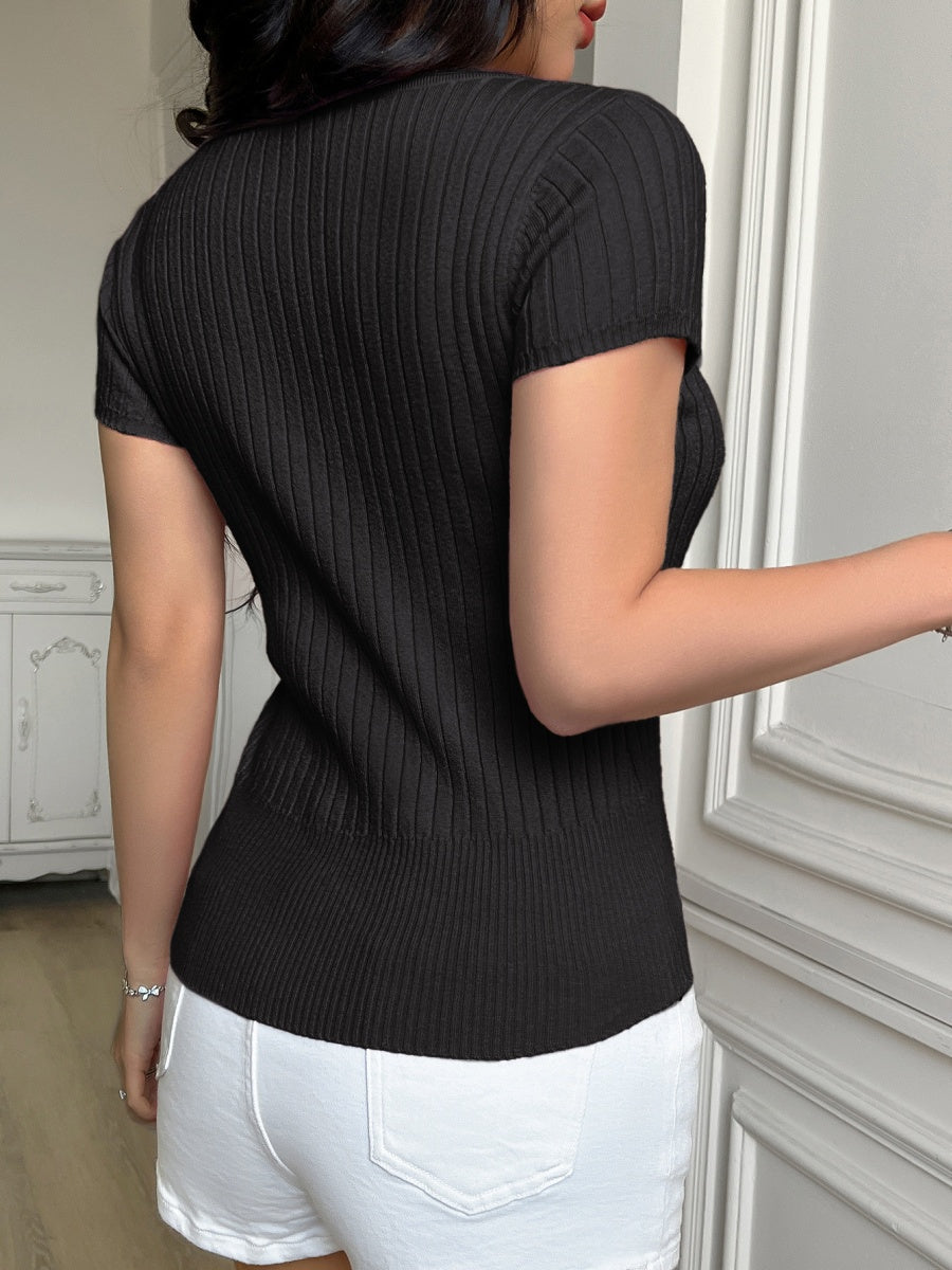 Ribbed U-button Short-sleeved T-shirt