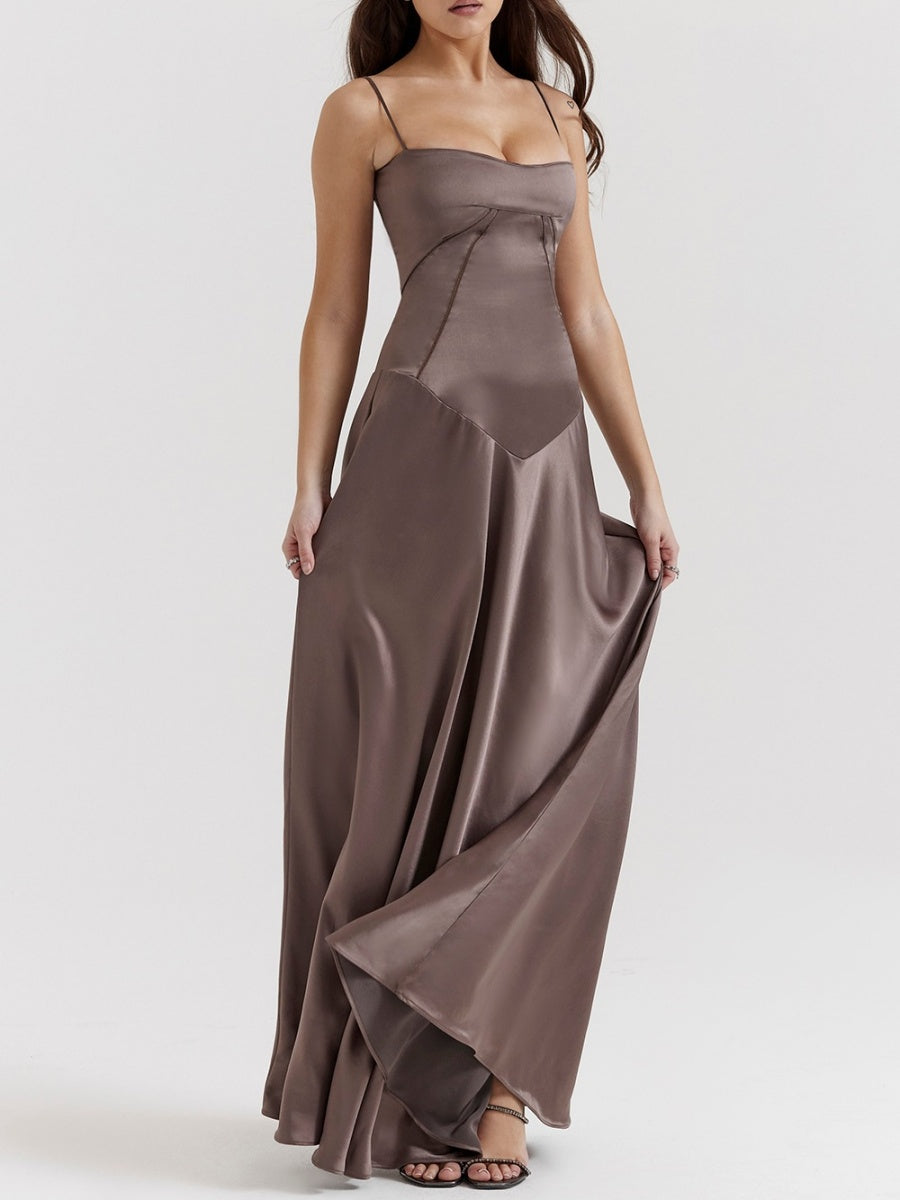 Satin-panel Spaghetti Strap Maxi Dress