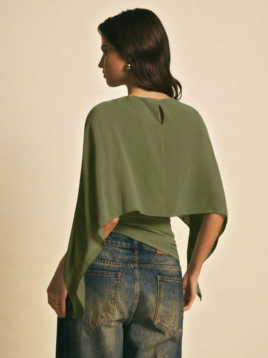 Cape-sleeve T-shirt, Round Neck, Loose Chiffon Cover-up, Elegant Irregular Top/T-shirt