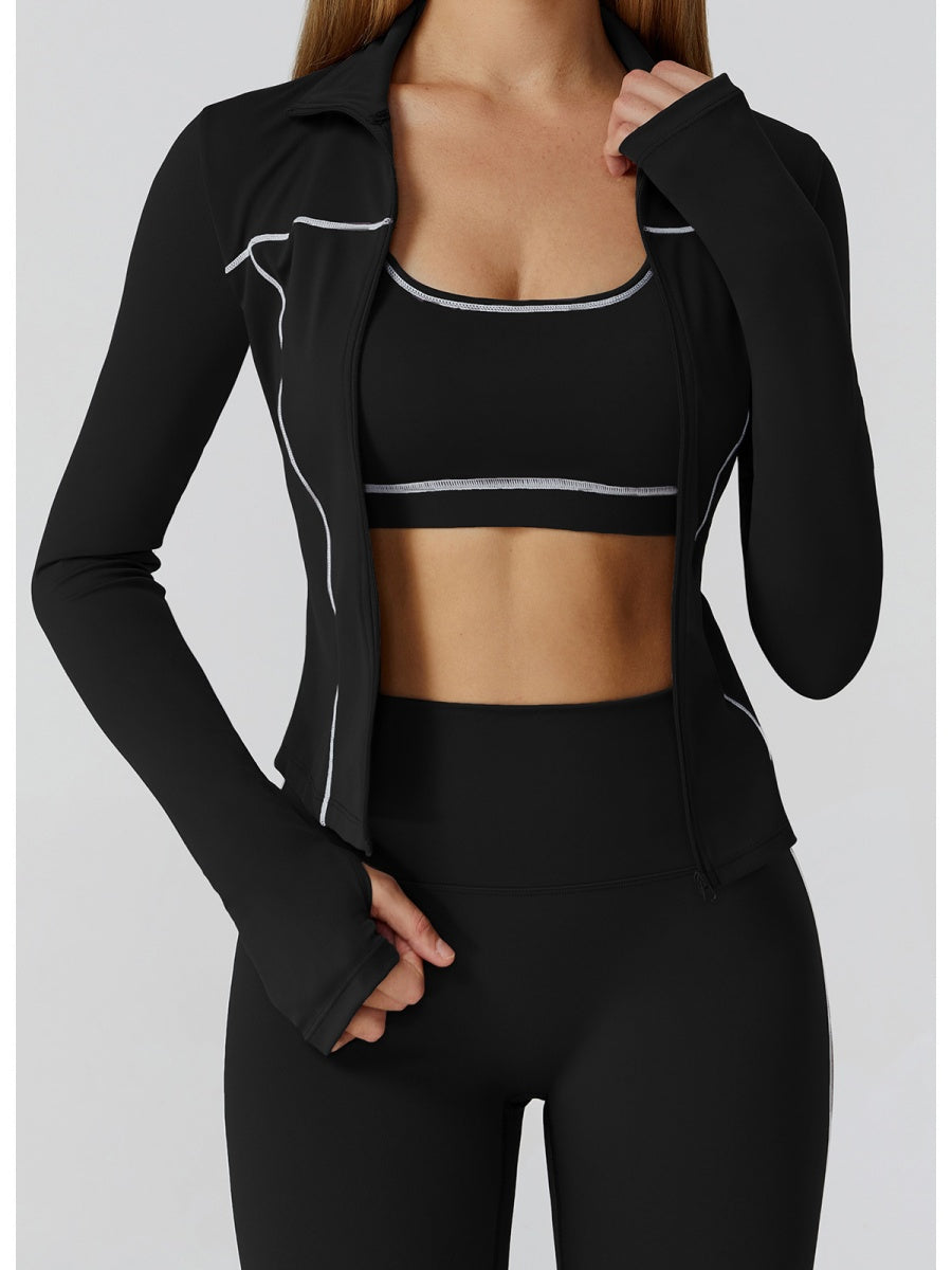 Veste de yoga bicolore en tissu brossé avec fermeture éclair, coupe-vent et ajustée