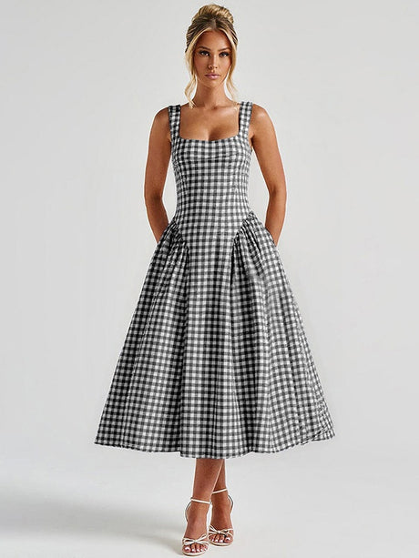 Plaid Print, Fitted Waist, Sexy Backless Halter Maxi Dress