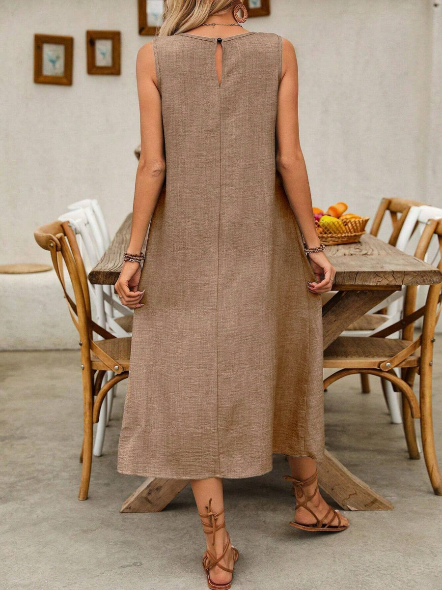 Pullover Crew Neck Sleeveless Pocket Solid Color Midi Dresses