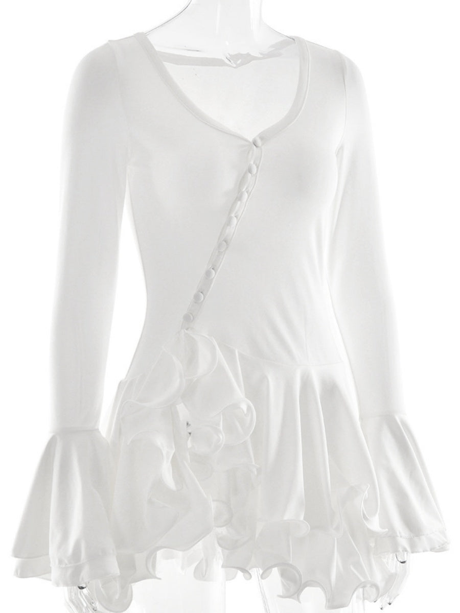 Mini- und kurze Kleider mit V-Ausschnitt, langen Ärmeln und Rüschen