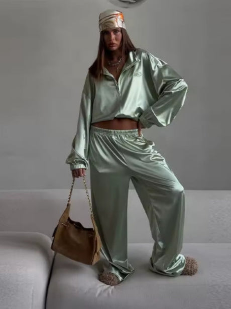 Zippered Loose Sweatshirt Jacket And Wide-Leg Pants Two-Piece Set