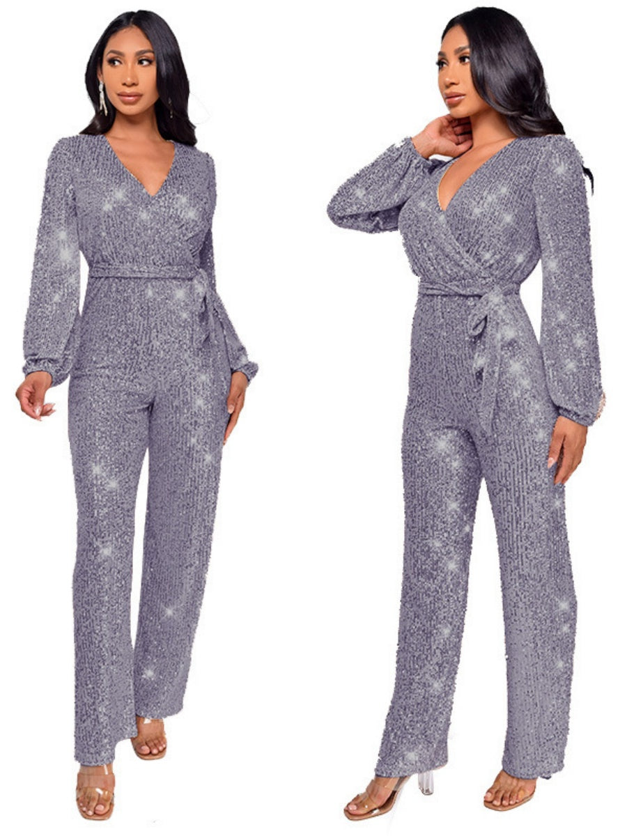 Deep V Long Sleeve Belt Sequins Jumpsuit