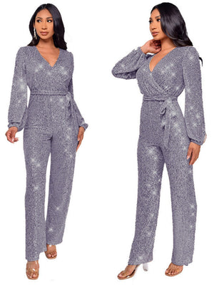 Deep V Long Sleeve Belt Sequins Jumpsuit