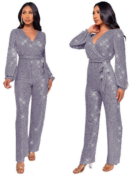 Deep V Long Sleeve Belt Sequins Jumpsuit