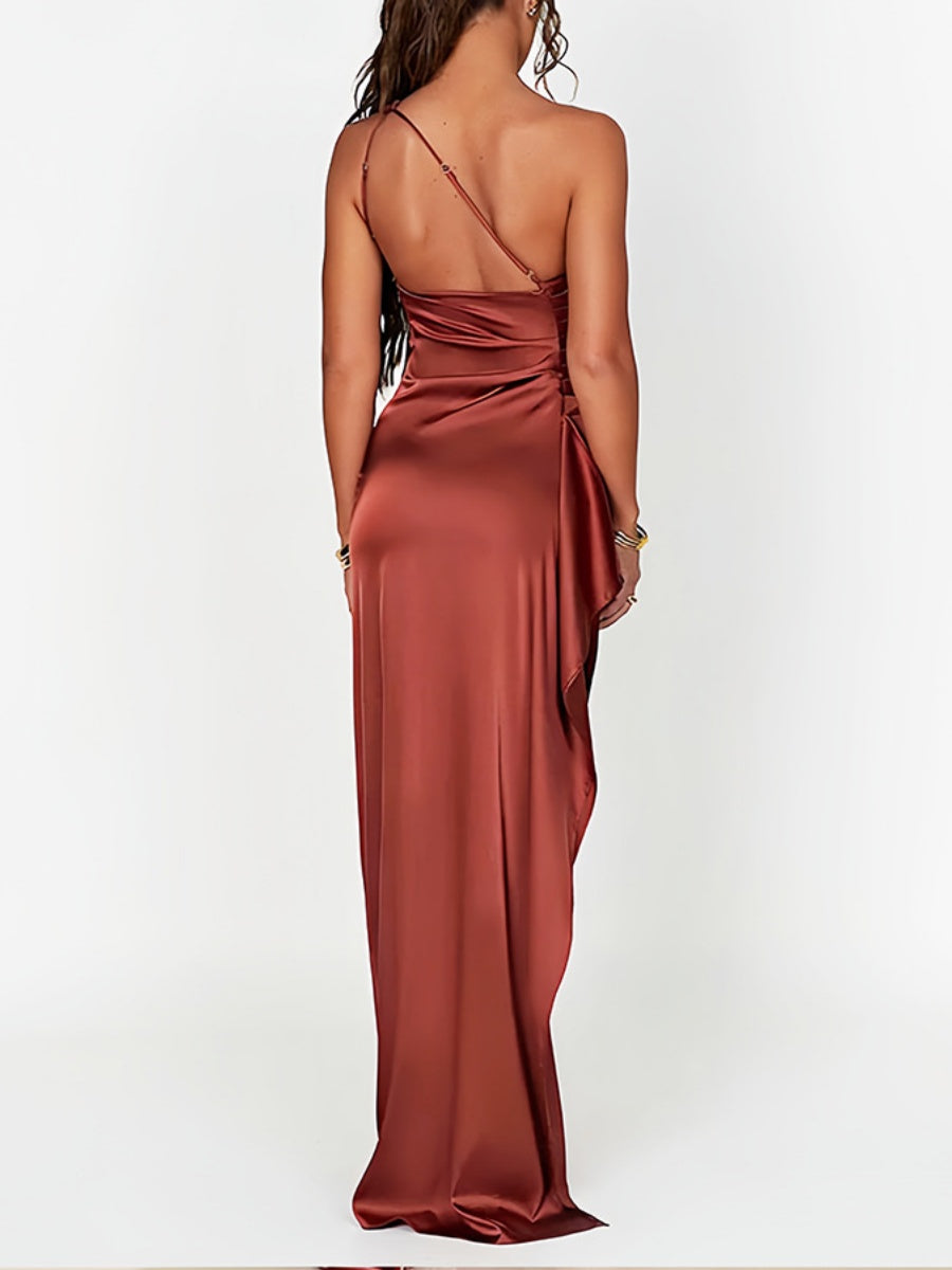 Sloping Shoulders Backless Satin High Fork Maxi Dresses