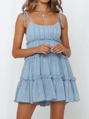 Resort-style Floral Print Multi-layered Ruffled Short Sundress
