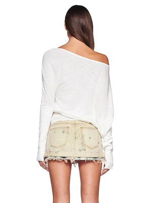 White Loose Leisure Slimming Off-shoulder Hood T-shirts