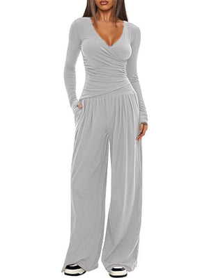 Long Sleeve V-neck T-shirt Loose-fit Wide-leg Pants Leisure 2-piece Sets