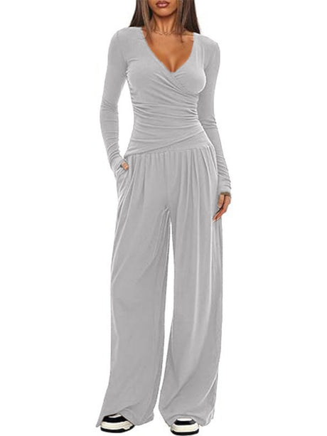 Long Sleeve V-neck T-shirt Loose-fit Wide-leg Pants Leisure 2-piece Sets