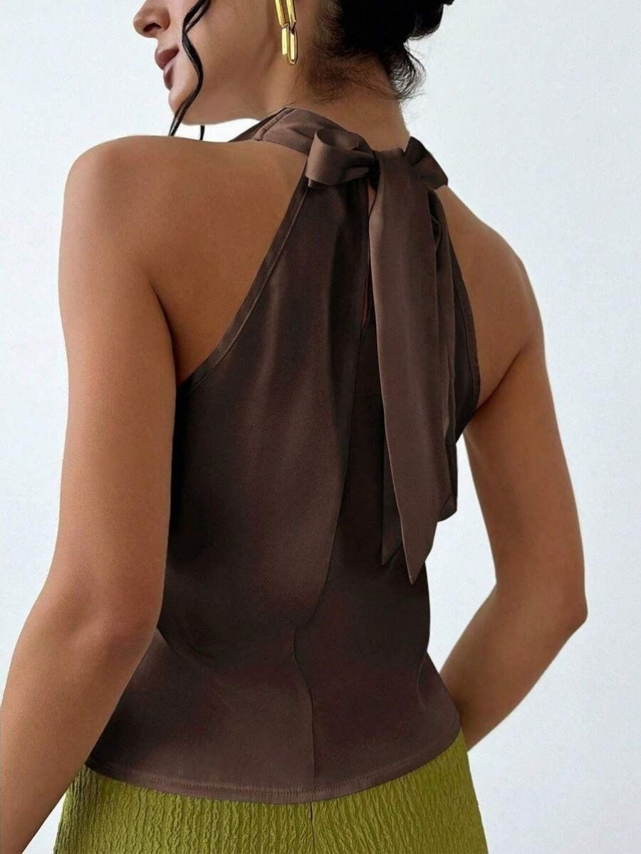Pleats Solid Color Sexy Sleeveless Satin Satin Vest