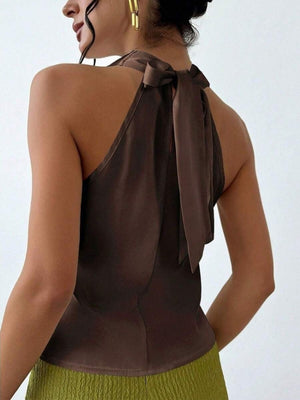 Pleats Solid Color Sexy Sleeveless Satin Satin Vest