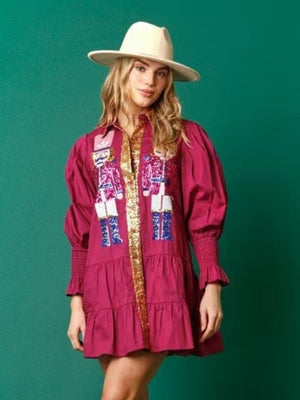 Christmas Sequined Nutcracker Soldier Contrast Color Long Sleeve Lapel Dress