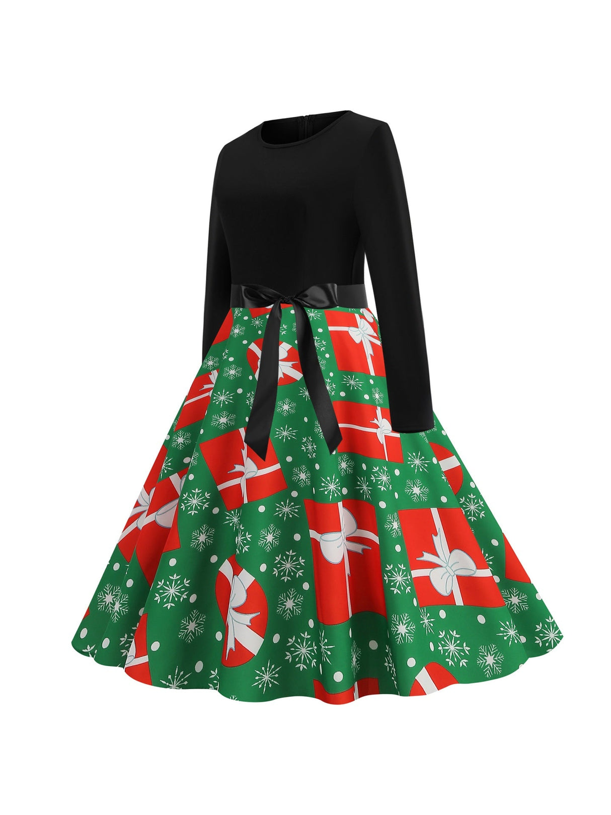 Christmas Crew Neck Splicing Long Sleeve Midi Dresses