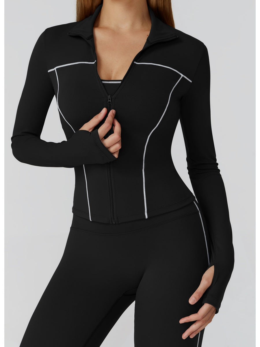 Veste de yoga bicolore en tissu brossé avec fermeture éclair, coupe-vent et ajustée