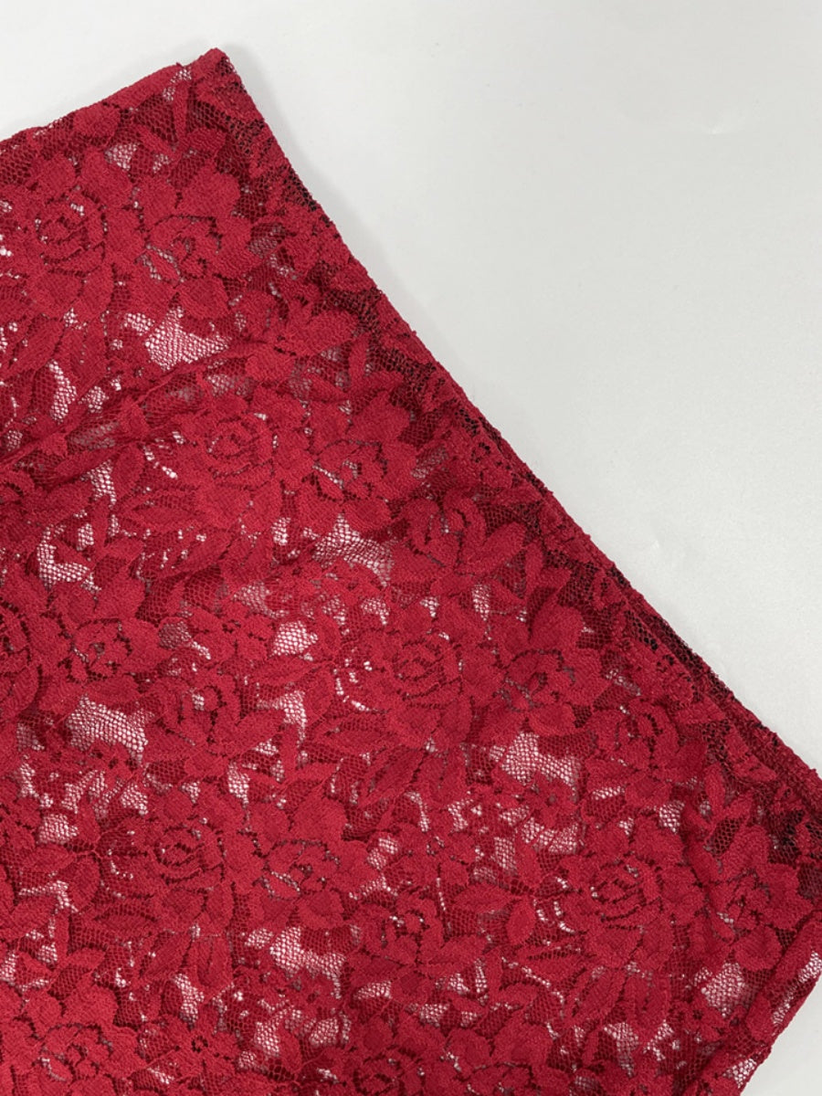 Hollowed-out Lace Asymmetrical Neckline Long Dress With Ribbon