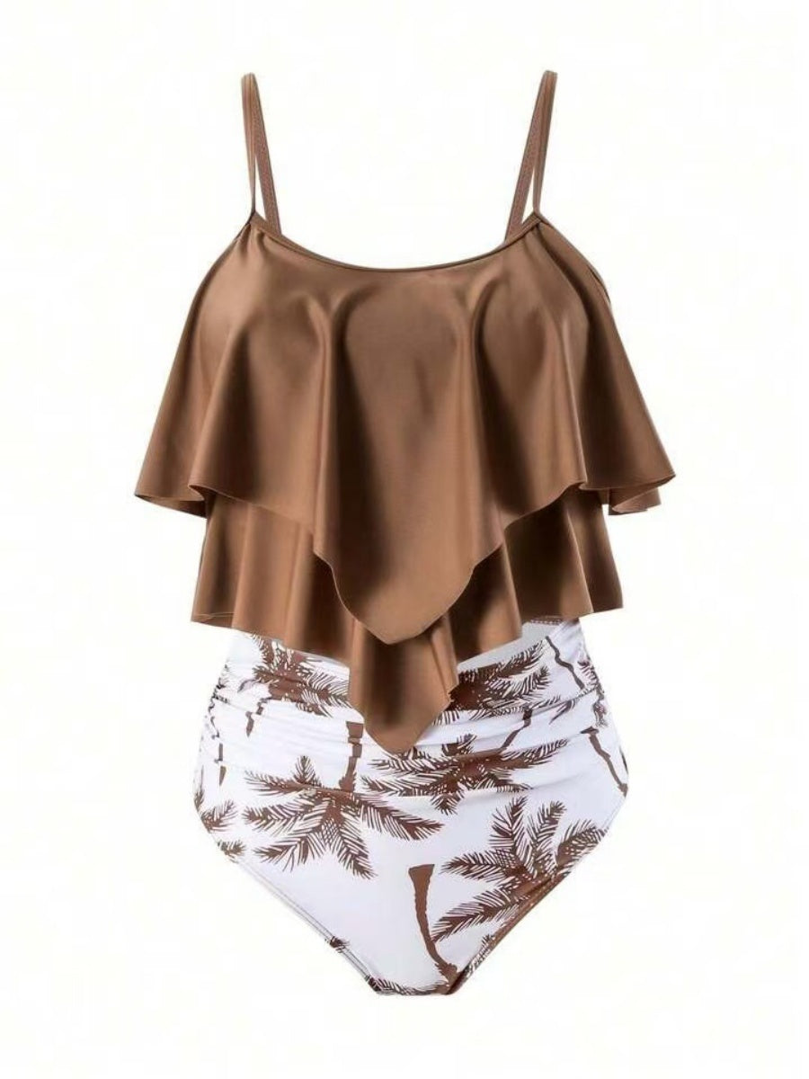 Ruffled Multi-Layer Coconut Tree Print Bikini