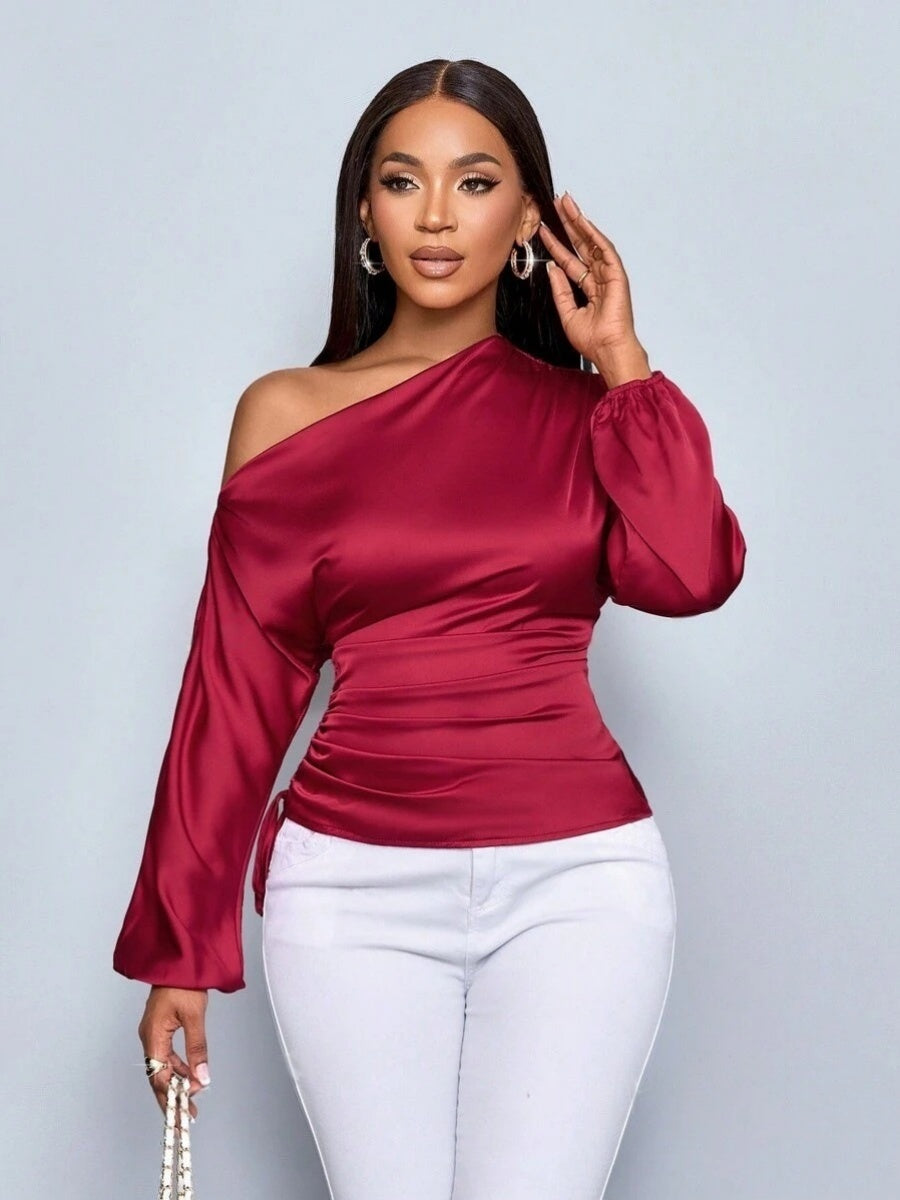 Satin Drawstring Asymmetrical Long-sleeved Slanted Neck T-shirt
