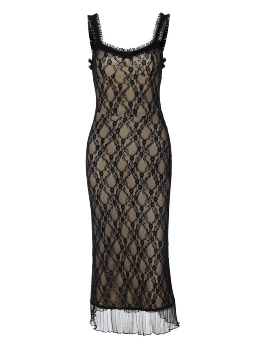 Black Lace Long Dress With A Bow At The Chest