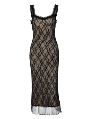 Black Lace Long Dress With A Bow At The Chest