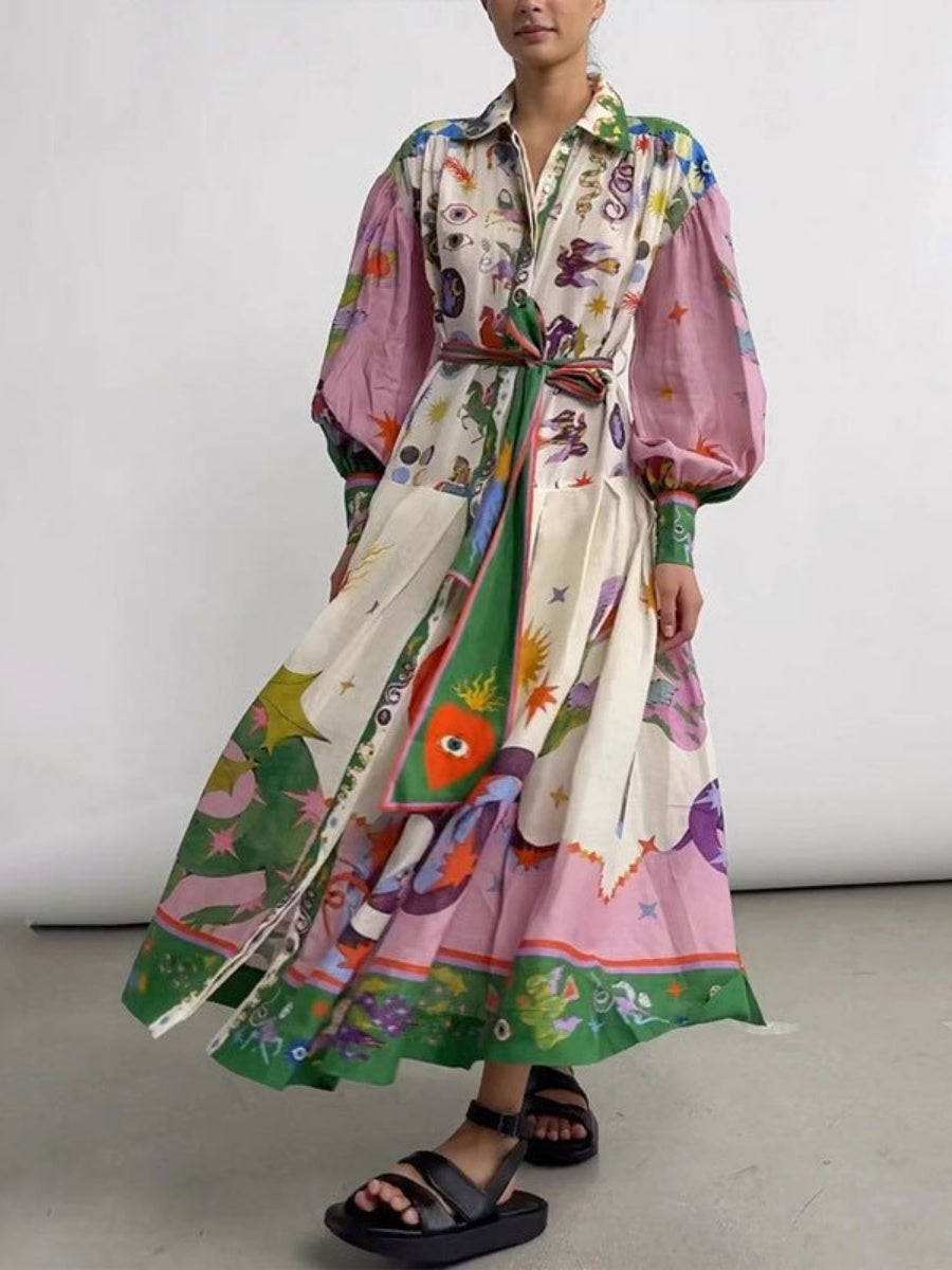 Botanical Floral Prints Balloon Sleeve Lapel Waist Long Sleeve Maxi Dresses